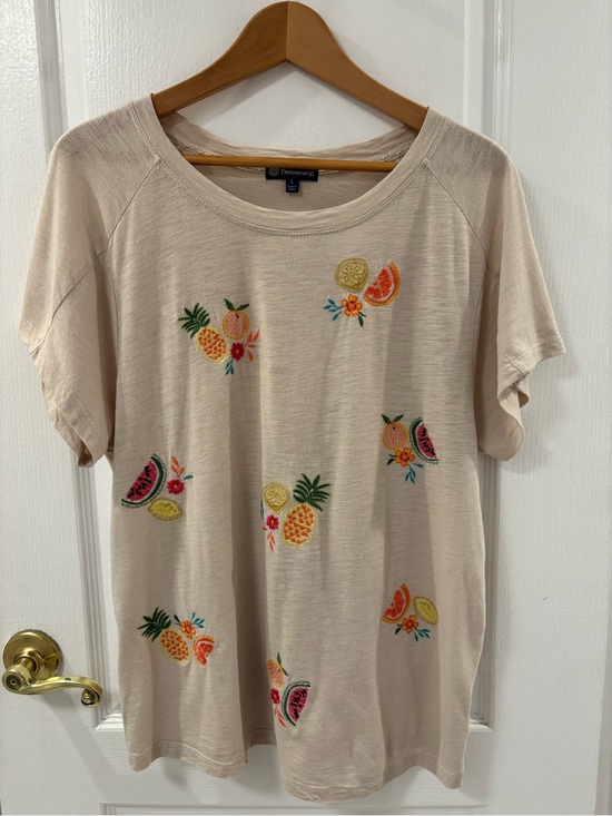 Democracy Tops - Democracy Beige Short Sleeve Tee with Colorful Fruit Embroidery